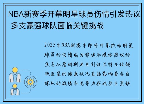 NBA新赛季开幕明星球员伤情引发热议 多支豪强球队面临关键挑战