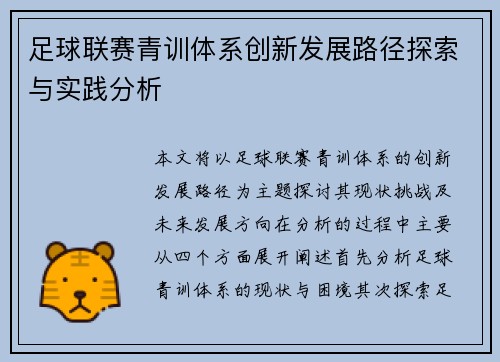 足球联赛青训体系创新发展路径探索与实践分析