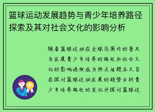 篮球运动发展趋势与青少年培养路径探索及其对社会文化的影响分析