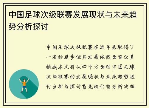 中国足球次级联赛发展现状与未来趋势分析探讨