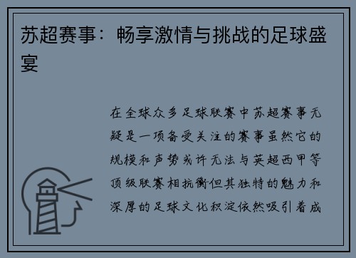 苏超赛事：畅享激情与挑战的足球盛宴