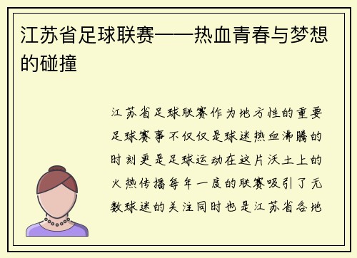 江苏省足球联赛——热血青春与梦想的碰撞