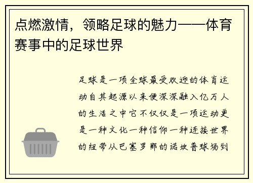 点燃激情，领略足球的魅力——体育赛事中的足球世界