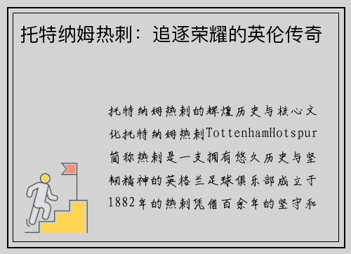 托特纳姆热刺：追逐荣耀的英伦传奇