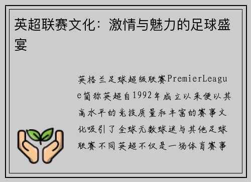 英超联赛文化：激情与魅力的足球盛宴