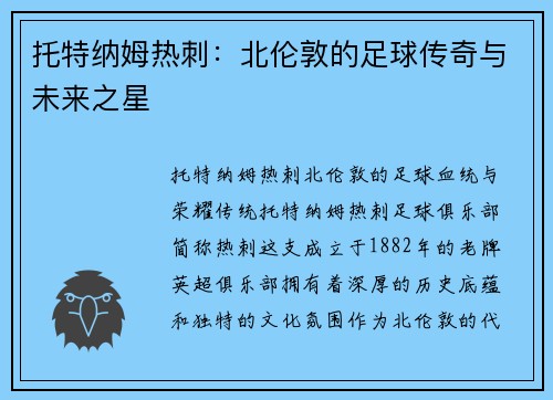 托特纳姆热刺：北伦敦的足球传奇与未来之星