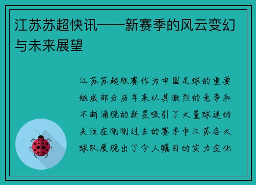 江苏苏超快讯——新赛季的风云变幻与未来展望