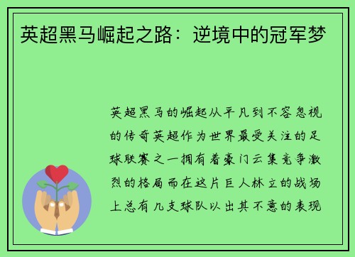 英超黑马崛起之路：逆境中的冠军梦